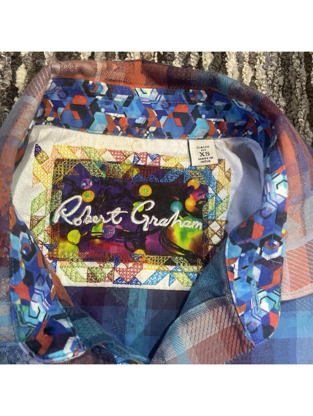 Robert Graham Abstract Blue Red Plaid Flip Cuff Embroidery Shirt Mens Sz XS - Picture 2 of 6